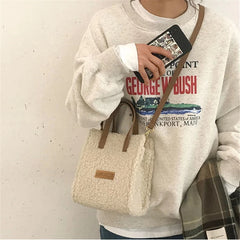 Women Lamb Wool Shoulder Bag Soft Autumn Winter Square Cross-body