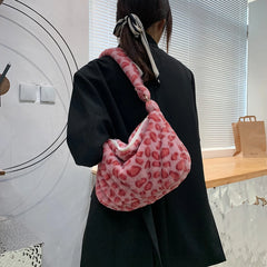 Women Winter Soft Plush Red Leopard Shoulder Bags Female Cow Print Underarm Bag