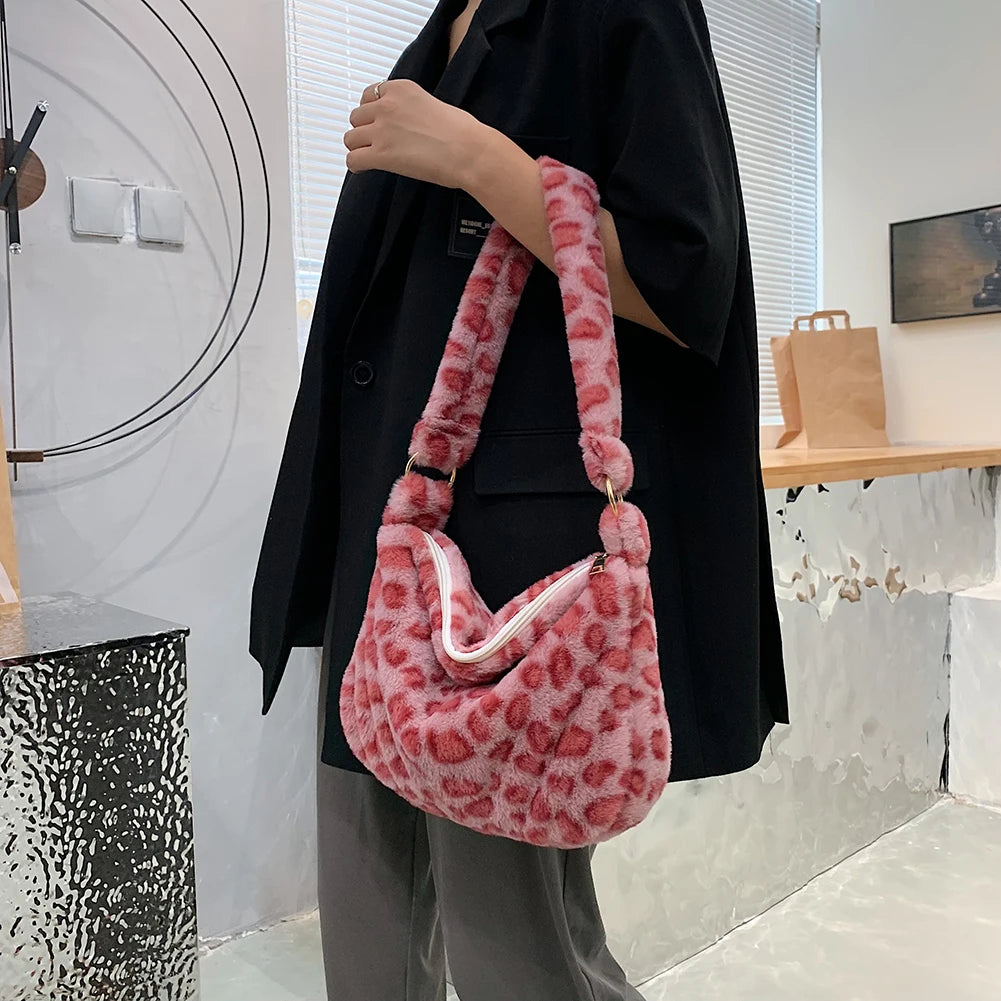 Women Winter Soft Plush Red Leopard Shoulder Bags Female Cow Print Underarm Bag