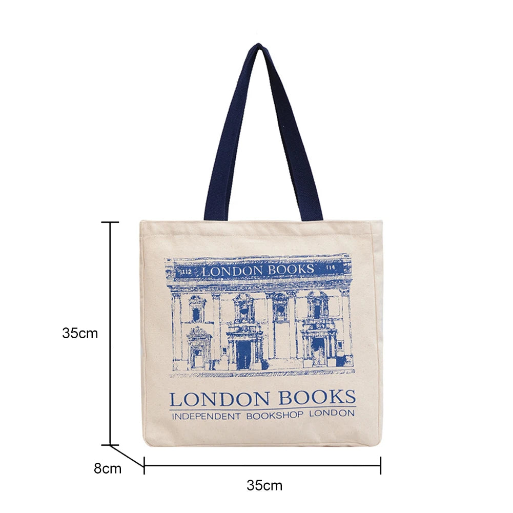 London Bookshop Print Canvas Handbag for Women