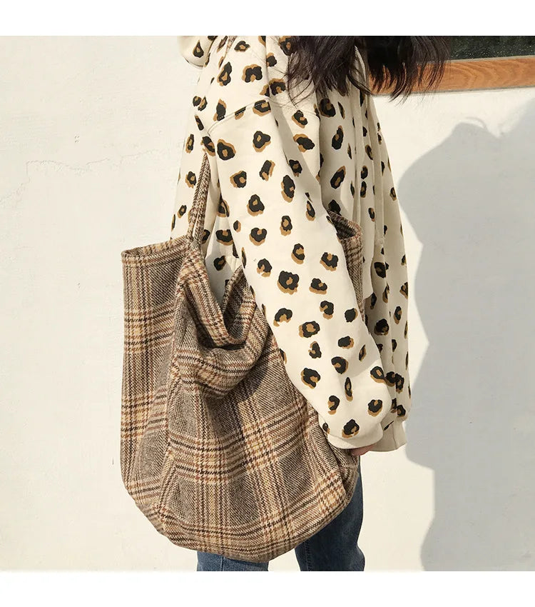 Women's Vintage Plaid Tote Bag - Large Capacity Handbag