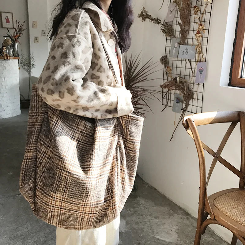 Vintage Plaid Woolen Canvas Bag Large Capacity