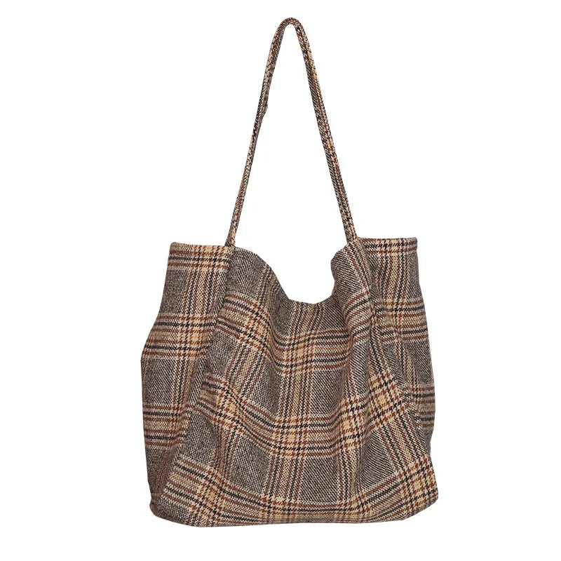 Vintage Plaid Woolen Canvas Bag Large Capacity