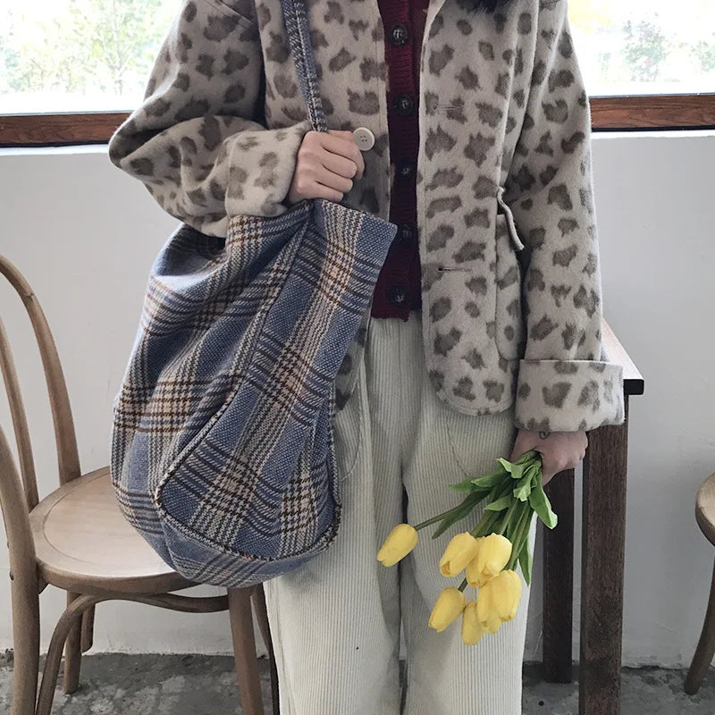 Vintage Plaid Woolen Canvas Bag Large Capacity