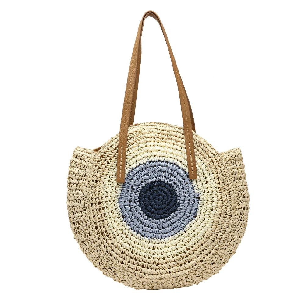 Women Woven Bag Round Beach Shoulder Bag Straw Crossbody Handbag Tote Bag