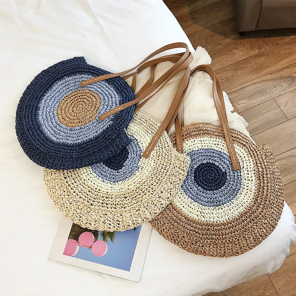 Women Woven Bag Round Beach Shoulder Bag Straw Crossbody Handbag Tote Bag