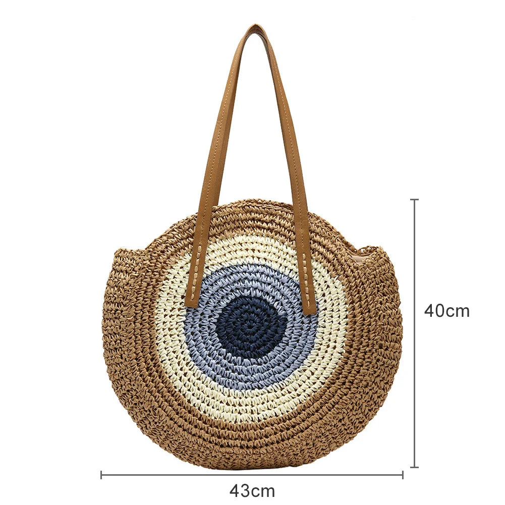 Women Woven Bag Round Beach Shoulder Bag Straw Crossbody Handbag Tote Bag