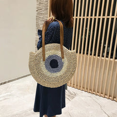 Women Woven Bag Round Beach Shoulder Bag Straw Crossbody Handbag Tote Bag