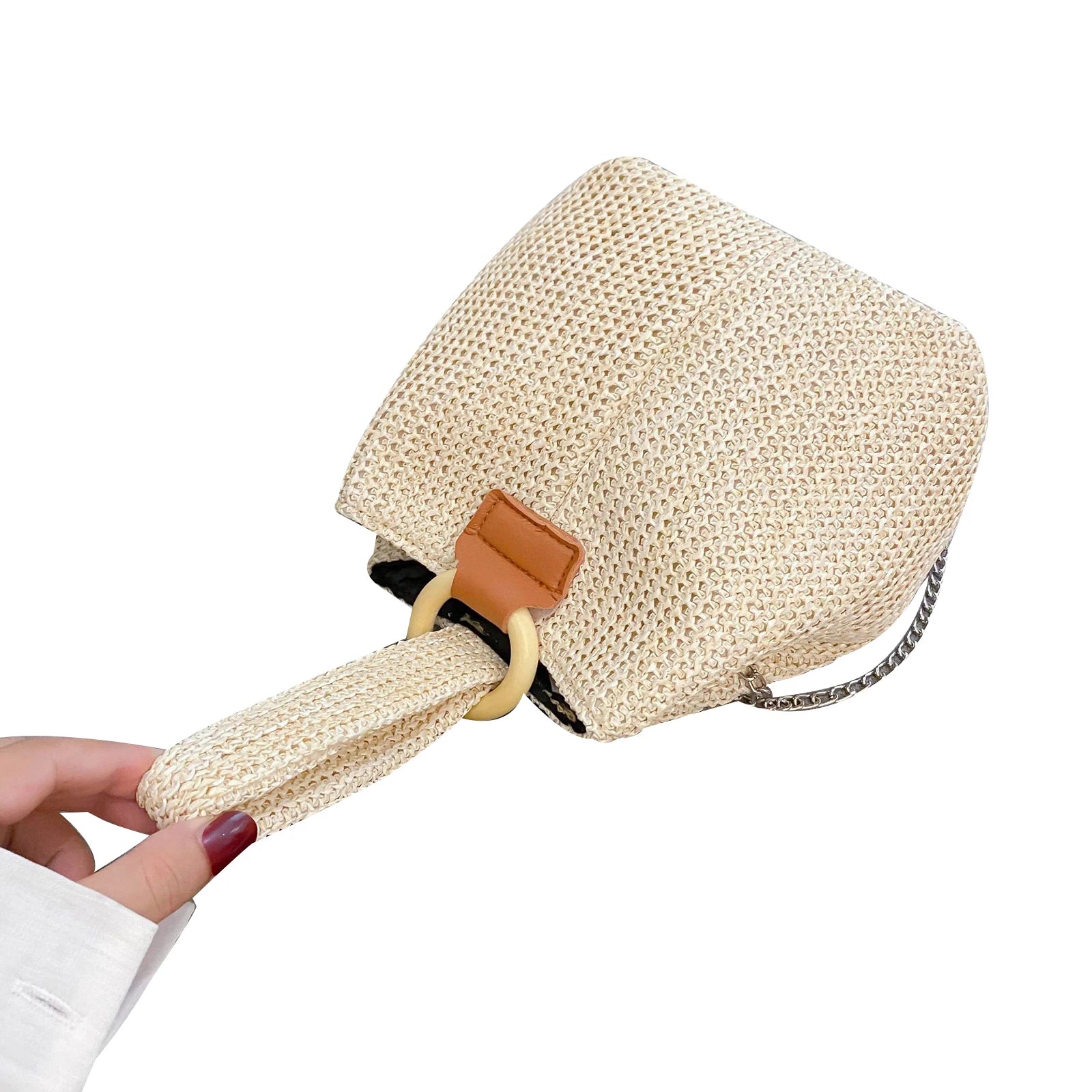 Women Woven Bucket Bag Shoulder Handbag Chain Strap Satchel Phone Pouch
