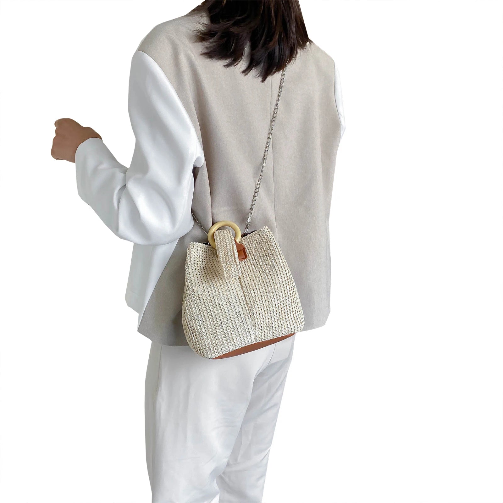 Women Woven Bucket Bag Shoulder Handbag Chain Strap Satchel Phone Pouch