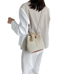 Women Woven Bucket Bag Shoulder Handbag Chain Strap Satchel Phone Pouch