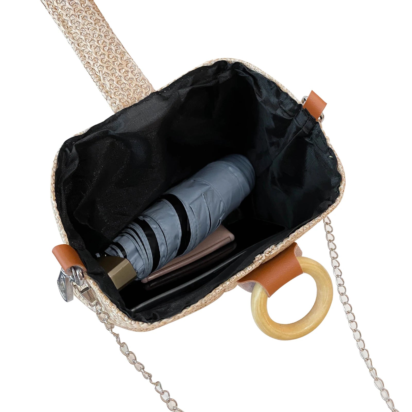 Women Woven Bucket Bag Shoulder Handbag Chain Strap Satchel Phone Pouch