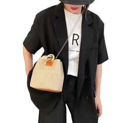 Women Woven Bucket Bag Shoulder Handbag Chain Strap Satchel Phone Pouch