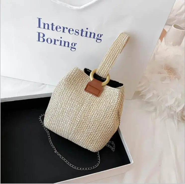 Women Woven Bucket Bag with Chain Strap, Shoulder Handbag