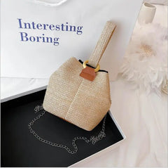 Women Woven Bucket Bag with Chain Strap, Shoulder Handbag