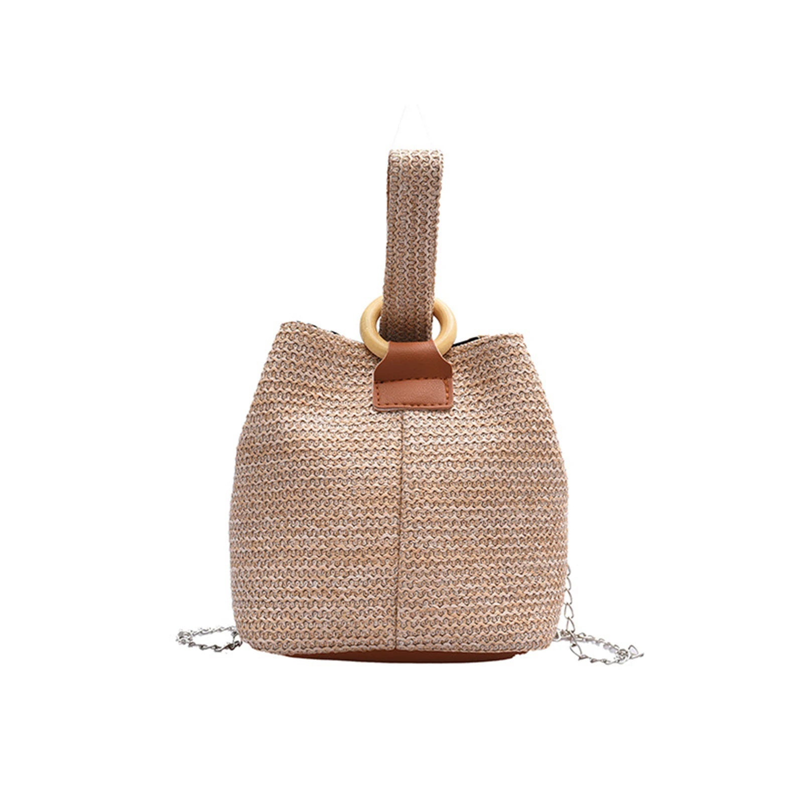Women Woven Bucket Bag with Chain Strap, Shoulder Handbag