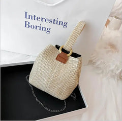 Women Woven Bucket Bag with Chain Strap, Shoulder Handbag