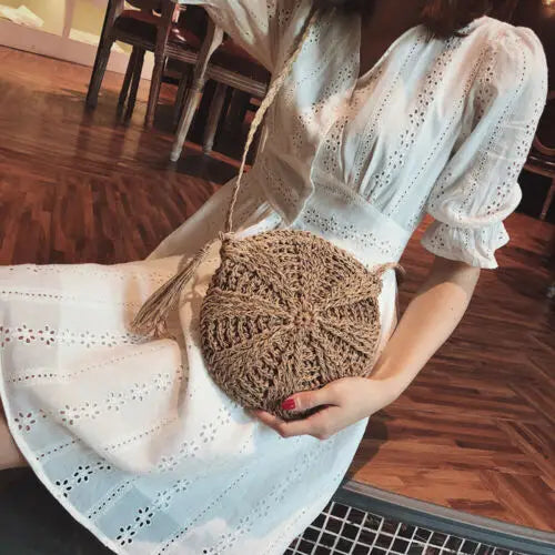 Women Woven Handbag Bags Totes Beach Straw Rattan Round Basket Bag