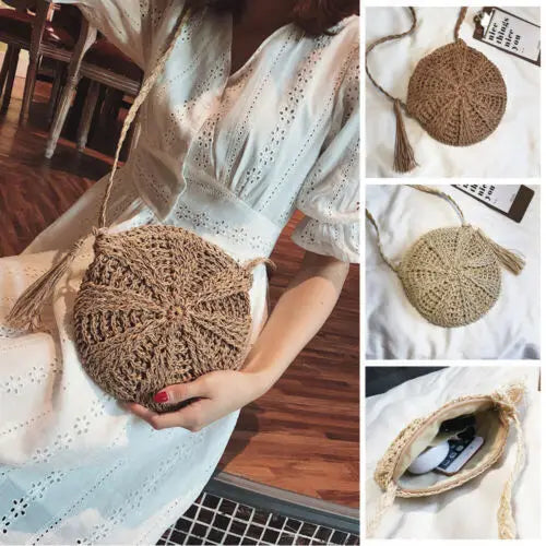 Women Woven Handbag Bags Totes Beach Straw Rattan Round Basket Bag