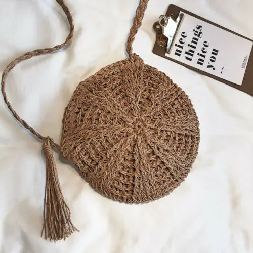 Women Woven Handbag Bags Totes Beach Straw Rattan Round Basket Bag