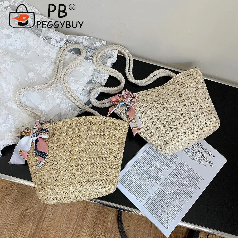 Women Woven Ribbon Shoulder Bag Ladies Beach Vacation Crossbody Bags