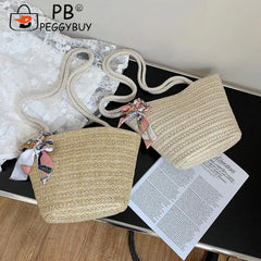 Women Woven Ribbon Shoulder Bag Ladies Beach Vacation Crossbody Bags