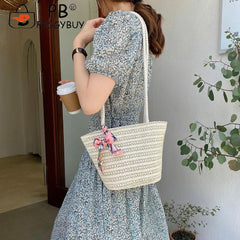 Women Woven Ribbon Shoulder Bag Ladies Beach Vacation Crossbody Bags