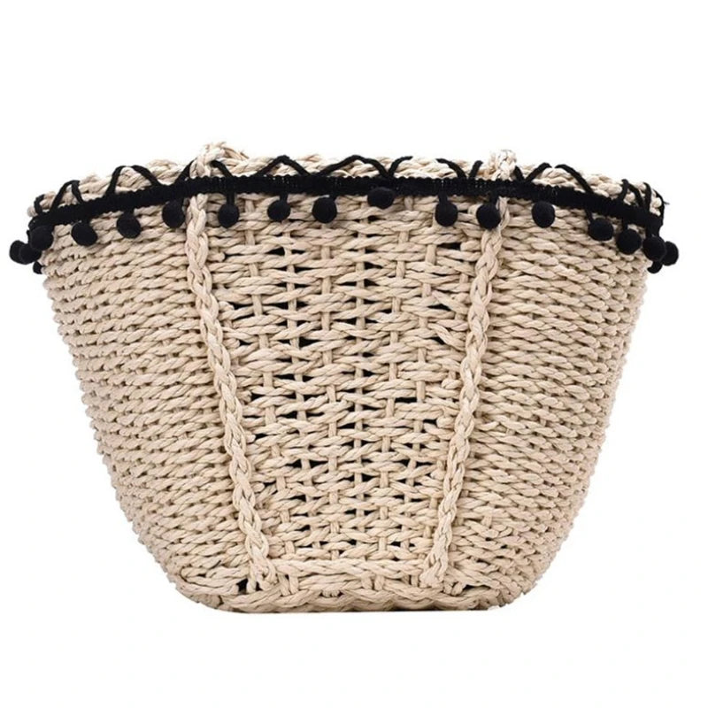 Straw Shoulder Bag with Pom Pom Tassel Lace Trim Drawstring Closure