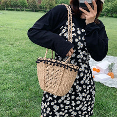 Straw Shoulder Bag with Pom Pom Tassel Lace Trim Drawstring Closure
