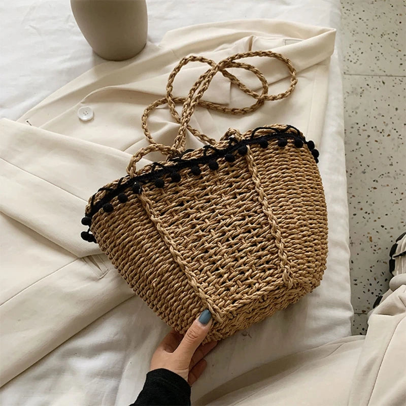 Straw Shoulder Bag with Pom Pom Tassel Lace Trim Drawstring Closure