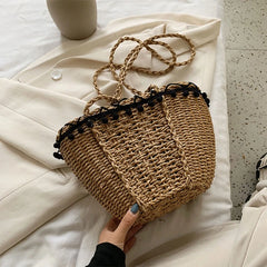 Straw Shoulder Bag with Pom Pom Tassel Lace Trim Drawstring Closure