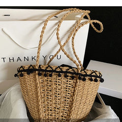Straw Shoulder Bag with Pom Pom Tassel Lace Trim Drawstring Closure