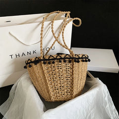 Straw Shoulder Bag with Pom Pom Tassel Lace Trim Drawstring Closure