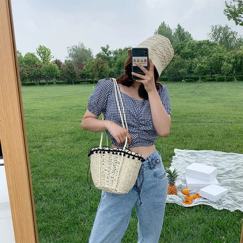 Straw Shoulder Bag with Pom Pom Tassel Lace Trim Drawstring Closure