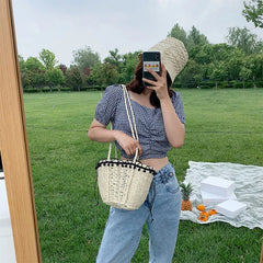 Straw Shoulder Bag with Pom Pom Tassel Lace Trim Drawstring Closure