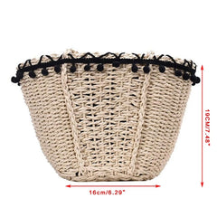 Straw Shoulder Bag with Pom Pom Tassel Lace Trim Drawstring Closure