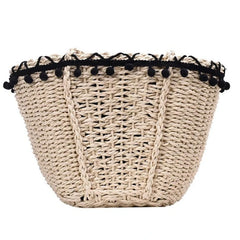 Straw Shoulder Bag with Pom Pom Tassel Lace Trim Drawstring Closure