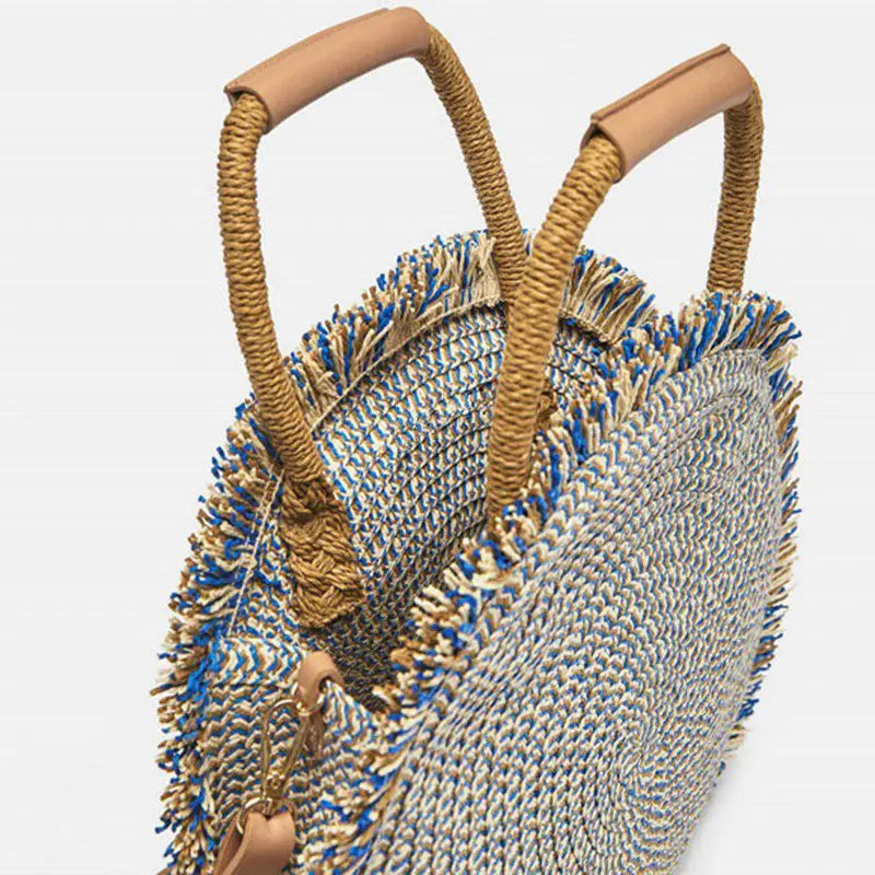 Women Round Tote Straw Bag Fringed Woven Shoulder Handbag