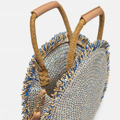 Women Round Tote Straw Bag Fringed Woven Shoulder Handbag