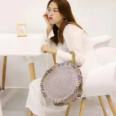 Women Round Tote Straw Bag Fringed Woven Shoulder Handbag