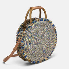 Women Round Tote Straw Bag Fringed Woven Shoulder Handbag
