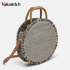 Women Round Tote Straw Bag Fringed Woven Shoulder Handbag
