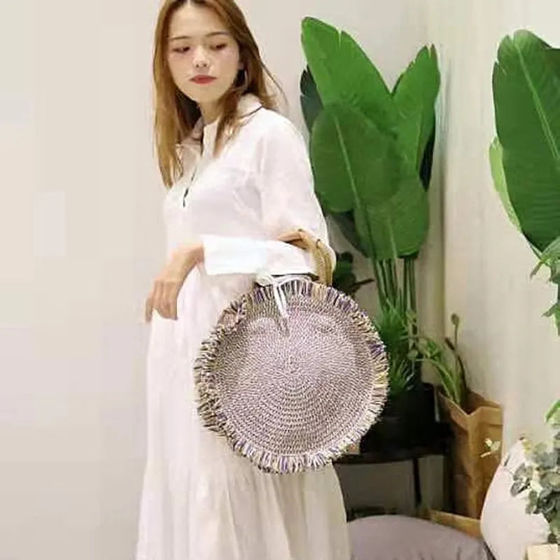 Women Round Tote Straw Bag Fringed Woven Shoulder Handbag
