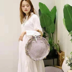 Women Round Tote Straw Bag Fringed Woven Shoulder Handbag
