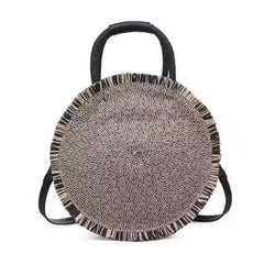Women Round Tote Straw Bag Fringed Woven Shoulder Handbag