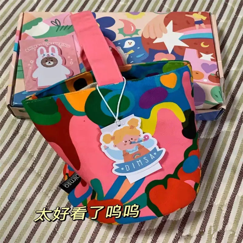 Women Canvas Bucket Shoulder Bag Magnetic Tote Animal Cartoon Pattern