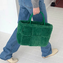Women's Lamb Wool Woven Tote Bag Winter Plush Female Bag