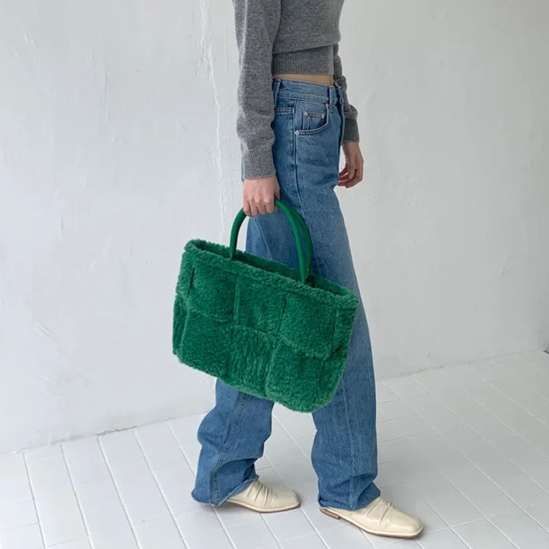 Women's Lamb Wool Woven Tote Bag Winter Plush Female Bag