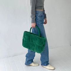 Women's Lamb Wool Woven Tote Bag Winter Plush Female Bag