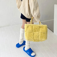 Women's Lamb Wool Woven Tote Bag Winter Plush Female Bag